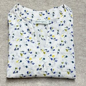 Mahogany‎ Floral Cotton Tunic Top White Blue Yellow Split Neck 3/4 Sleeve Small